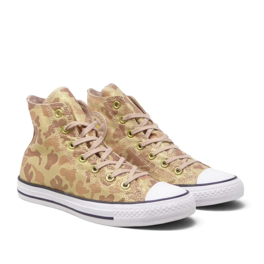 Converse Womens CTAS Lurex Camo Particle Beige Gold Metallic High Top Sneakers 8